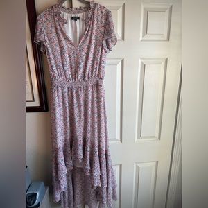 Sun washed floral mock neck high-low dress